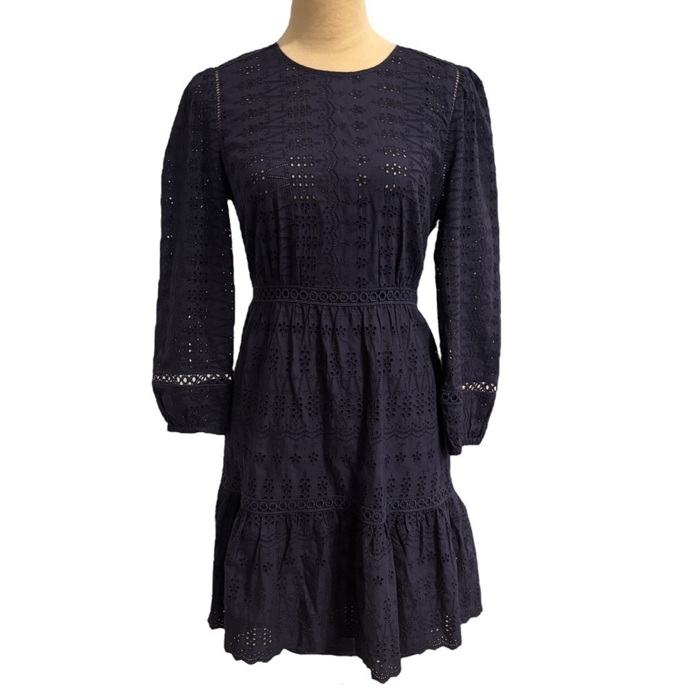 J. Crew Navy Blue Cotton Eyelet Long Sleeve Dress Size 0 Preppy